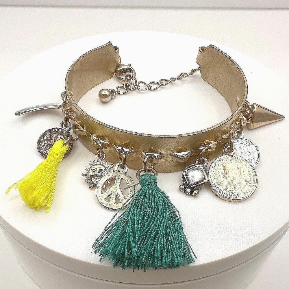 Vintage 90s Boho Gold Tone Hand Bracelet Charms Tassels Peace Sun Coins Jewelry